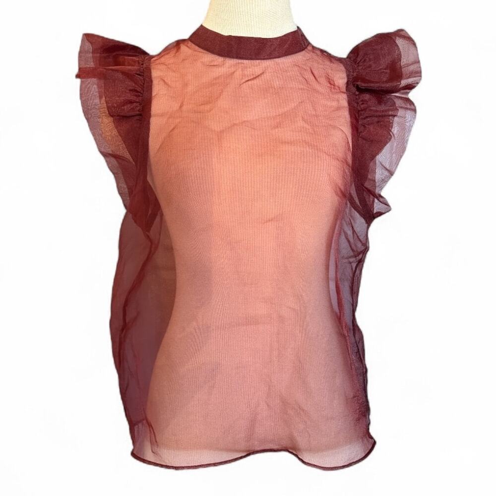 Joie Sheer Ruffled Sleeve Blouse Shirt Top Sz M Red Wine Statement Whimsy Layer